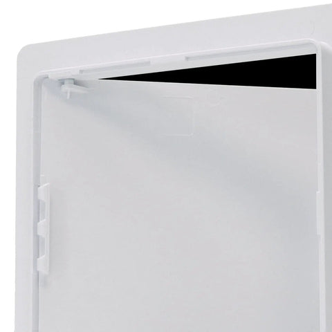 Zero Stress Installation Removable Plastic Access Panel With Frame Built Right For Six By Nine Inch Openings Fits Drywall Ceilings Smoothly, open panel detail.