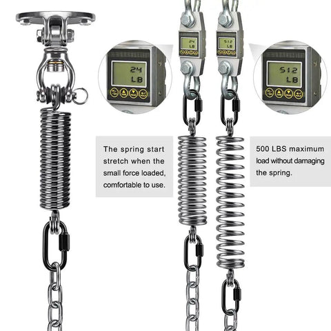 Beefed Up Hammock Chair Hanging Kit with Stainless Steel 304 Swing Hanger Silent Swivel Bearings, springs, and chains
