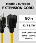 Heavy Duty 50 Feet 12/3 SJTW Outdoor Extension Cord NEMA 6 20 P R 20A 250V Yellow 12 Gauge Copper Power Cable For Indoor And Outdoor Use Tools And Equipment Weatherproof And Rugged T Blade Female Connector, 50 ft cord