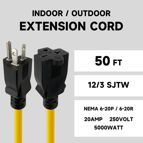 Heavy Duty 50 Feet 12/3 SJTW Outdoor Extension Cord NEMA 6 20 P R 20A 250V Yellow 12 Gauge Copper Power Cable For Indoor And Outdoor Use Tools And Equipment Weatherproof And Rugged T Blade Female Connector, 50 ft cord