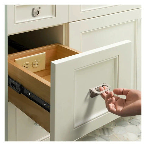 2 Piece Metal Buffer Drawer Slides With That Smooth Operator Feel No Cap Quality Hides Under Your Drawers Concealed Bottom Mount Setup For Cabinets And Dressers Professional Grade Build You Can Trust No Fuss Installation Guaranteed - open drawer with electrical outlet visible.