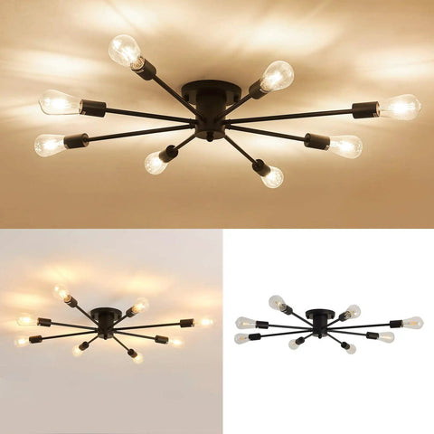 8 Light Matte Black Semi Flush Mount Ceiling Fixture With Dope Vintage Industrial Farmhouse Vibe for kitchens and living rooms