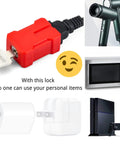 Lockout plug device securing a power cord with a key, with various electronic items like hair dryer, microwave, PS4, and chargers in view.