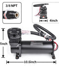 Heavy Duty 200 PSI 12V Electric Air Compressor Pump with 3/8 NPT fittings, measuring 10.6 x 6.87 x 4 inches, stainless steel build.