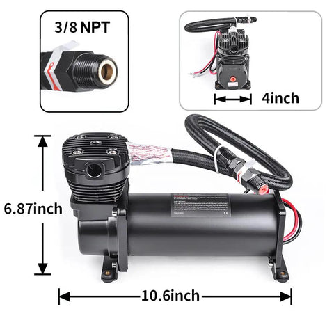 Heavy Duty 200 PSI 12V Electric Air Compressor Pump with 3/8 NPT fittings, measuring 10.6 x 6.87 x 4 inches, stainless steel build.