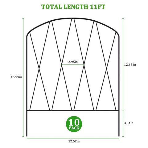 Decorative Arch Garden Fence Border Set dimensions, 10 Pack, 11 Feet Long, 16 Inches High, Rustproof Black Metal for Flower Beds