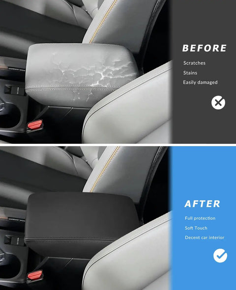Center Console Cover For Subaru Forester 2025 2026 Leather Armrest Cover With Black Stitches - before and after protection view