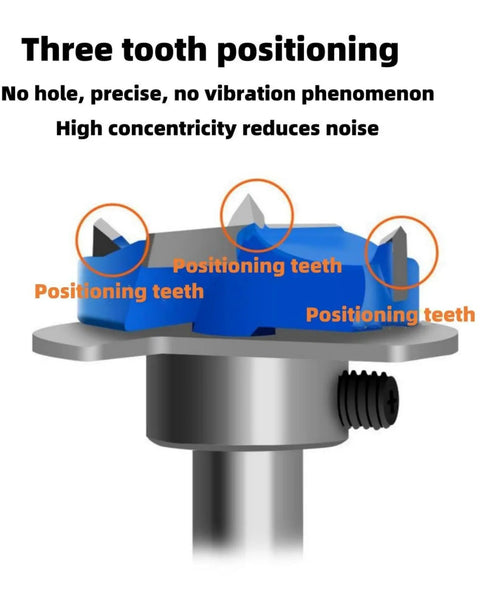 Three tooth positioning design on a rugged alloy drill bit for precise hinge hole drilling. Part of the 35mm Concealed Door Hinge Drilling Jig Kit.