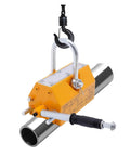 Heavy Duty Permanent Magnet Lifter With Rock Solid Grip Slick Rubber Handle And Reinforced U Loop Shackle Hook For No Cord Scrap Steel Hoisting And Daily Shop Floor Work hanging above a steel pipe.