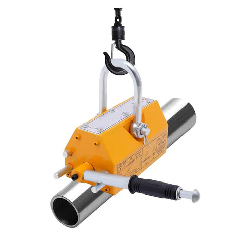 Heavy Duty Permanent Magnet Lifter With Rock Solid Grip Slick Rubber Handle And Reinforced U Loop Shackle Hook For No Cord Scrap Steel Hoisting And Daily Shop Floor Work hanging above a steel pipe.