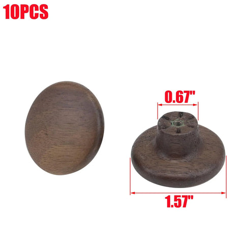 10 Pack Round Walnut Wood Cabinet Knobs With Screws 1.57 Inch Diameter showing front and back with measurement details.