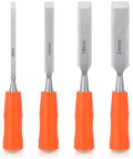 4 Piece Wood Chisel Set With Steel Hammer End And Ergonomic Plastic Handles For Woodworking Includes 6mm 12mm 18mm And 24mm Chisels