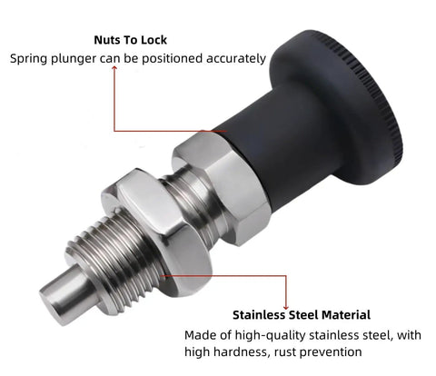 Grip Tight Two Piece M20 Thread Stainless Steel Ball Nose Spring Plunger Pair With Quick Twist Knob and Bully Proof Retracting Pin for Fast Industrial Clamping Setup close-up view.