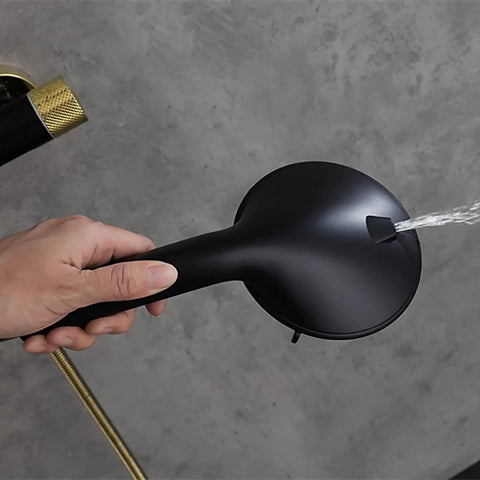 Chill Out With This Top Tier Wall Mounted Shower Set Featuring Adjustable Rain Head, Slick Handheld Wand in use, water flowing.