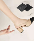 Durable One Quarter Inch Thick Rubber Heel Repair Patches For Shoes Black No Slip Diamond Pattern 4 Pack shown near high heel.