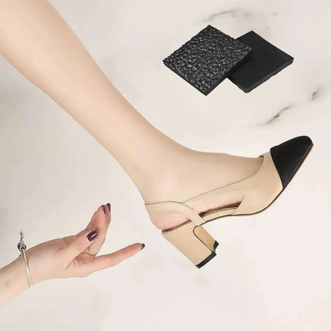Durable One Quarter Inch Thick Rubber Heel Repair Patches For Shoes Black No Slip Diamond Pattern 4 Pack shown near high heel.