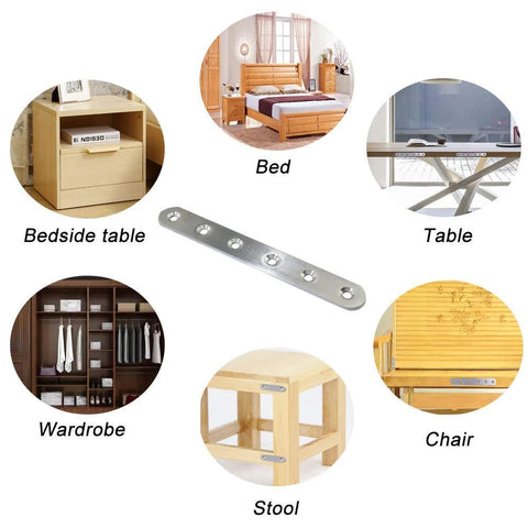 Stainless Steel Corner Brackets 9.7 Inch 8 Hole Straight Fixing Brace Plates shown with furniture examples like bed, table, chair.