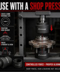 Badass 44mm Wheel Bearing Press Tool Kit For Polaris RZR Sportsman Ranger Xp Scrambler Heavy Duty Hub Installer Removal Set Rock Solid Construction Fits 3514699 showing usage tips with a shop press setup.