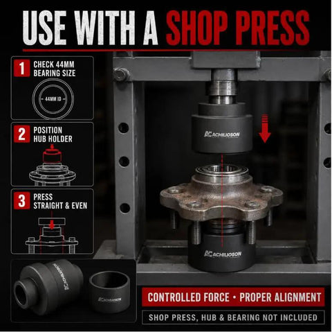 Badass 44mm Wheel Bearing Press Tool Kit For Polaris RZR Sportsman Ranger Xp Scrambler Heavy Duty Hub Installer Removal Set Rock Solid Construction Fits 3514699 showing usage tips with a shop press setup.