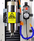 Five Axis CNC Router With 2.2KW Spindle DSP Control Steel Frame 3040 Engraving Milling Cutter For Aluminum Copper Steel High Torque Servo Drive Precise XYZAC Motion Heavy Duty Beefy Metal Engraving And Cutting showing spindle close-up