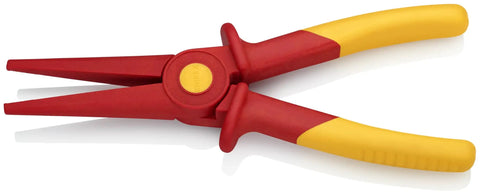 Insulated Flat Nose Plastic Pliers With Fiberglass Reinforcement 1000V Rated Red And Yellow Handle Design For A Pro Grade Grip And Safe Electrical Work With Precision Control