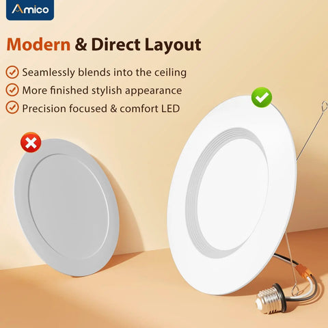 LED Recessed Can Lights 5 To 6 Inch 12 Pack Dimmable Damp Rated 950LM round design with E26 base and baffle trim.