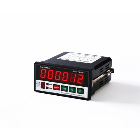 Straight Up Precision Six Digit Digital Programmable Counter Length Meter With Rotary Encoder Measuring Wheel Instrument For Yard Tracking Relay Control showing red display screen and control buttons.