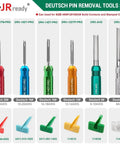 Deutsch pin removal tools set with various sizes for Deutsch solid contacts, shown in red, blue, green, orange, teal, and silver.