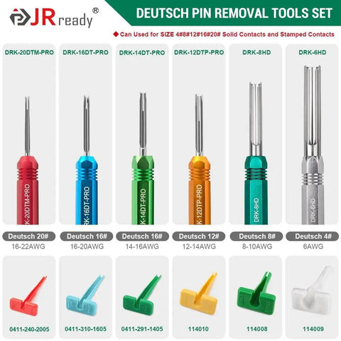 Deutsch pin removal tools set with various sizes for Deutsch solid contacts, shown in red, blue, green, orange, teal, and silver.