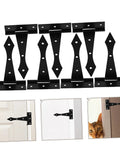 Eight black iron tee hinges for doors and cabinets; front view with installed examples.