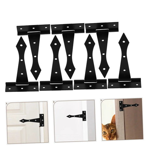 Eight black iron tee hinges for doors and cabinets; front view with installed examples.
