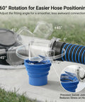 RV Sewer Hose Elbow 4-In-1 Adapter With Odor Tight Gasket And 360 Degree Swivel, Leakproof RV Fitting For Dump Station Inlets, Universal 3 To 4.5 Inch Inlet Compatibility, Clear See-Through Design on RV hose and blue inlet