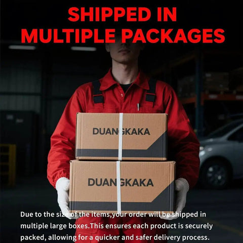 Shipped in multiple packages with large DUANGKAKA boxes held by a worker in red uniform for secure delivery.