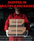 Person holding two Duanskaka boxes in a warehouse setting, text overlay reads 'Shipped in Multiple Packages'.