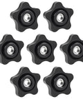 Nine black star knobs with 5/16-18 threaded inserts for hand-tighten clamping on jigs and machines