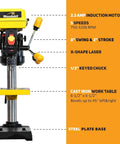 Heavy Duty 8 Inch Benchtop Drill Press With Five Speed Settings And One Third Horsepower Motor features 5 speeds and cast iron work table.
