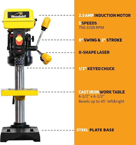 Heavy Duty 8 Inch Benchtop Drill Press With Five Speed Settings And One Third Horsepower Motor features 5 speeds and cast iron work table.