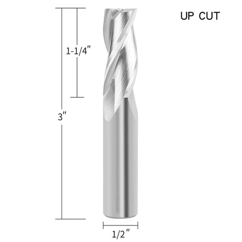 Amazon router bit: upcut spiral, 3-flute carbide, 1/2 in shank, 1/2 in cutting diameter.
