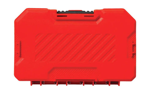 Red carrying case for Real Deal Ratcheting Bit Driver Set 24 Piece With 15 Degree Offset For Tight Spaces Corrosion Resistant Chrome Finish