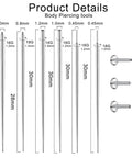 Diagram of Piercing Ball Grabber Tool Kit For Ear Nose Lip And Body Jewelry Changes Stainless Steel 16G 18G pins sizes