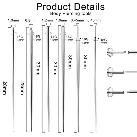 Diagram of Piercing Ball Grabber Tool Kit For Ear Nose Lip And Body Jewelry Changes Stainless Steel 16G 18G pins sizes