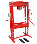 Top Shelf 45 Ton Air Hydraulic Floor Shop Press And Heavy Duty Mechanic Garage Workhorse With Quick Connect Quarter Inch Air Pump Plus Wide Steel Platform For Auto Repair And Tough Bench Tasks, red steel construction, visible pressure gauge.