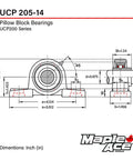 Maple Ace UCP205-14 pillow block bearing; front and side views with 7/8 in bore and 2-bolt base.