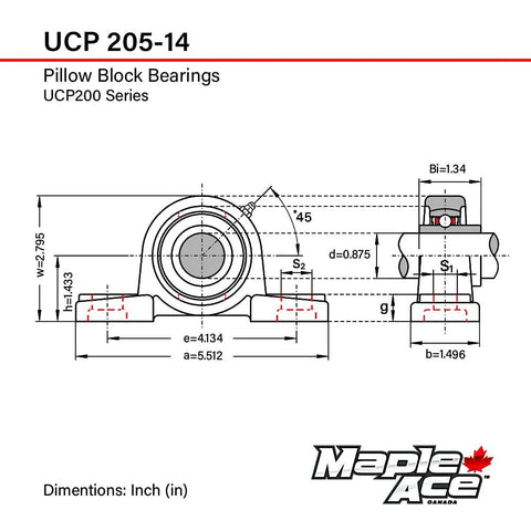 Maple Ace UCP205-14 pillow block bearing; front and side views with 7/8 in bore and 2-bolt base.