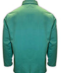 Back view of green SparkGuard Flame Resistant Welding Jacket with Inside Arm Patches, size 2XL, showcasing durable workwear for welders.