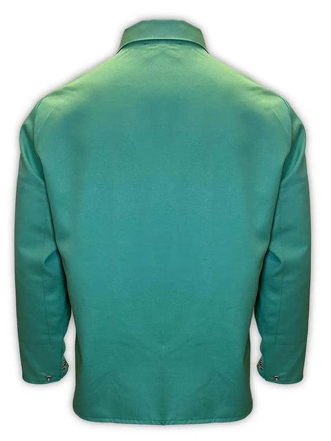 Back view of green SparkGuard Flame Resistant Welding Jacket with Inside Arm Patches, size 2XL, showcasing durable workwear for welders.