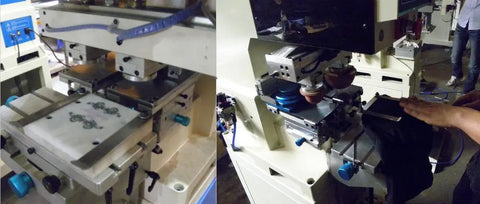 Pro Grade Pneumatic Two Color Ink Cup Label Printing Press For T Shirt Garment Apparel showing workstation with ink transfer and fabric placement.