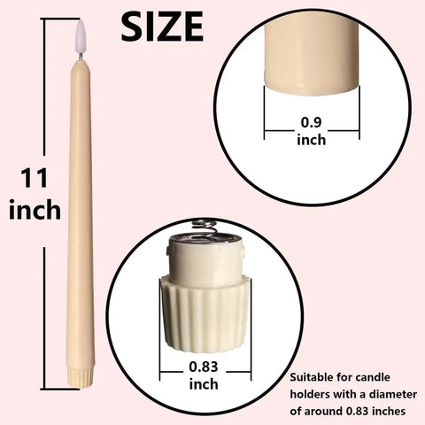 Flameless Taper Candles 11 Inch Ivory Wax Covered LED Flicker With Remote Controls And Timer 10 Pack For Weddings Family Dinners Parties Festive Home Decor, showing size details of candle and bottom cover.