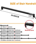 Size chart for Badass 6ft Black Wrought Iron Stair Railing Wall Mount Kit showing length options and section details.