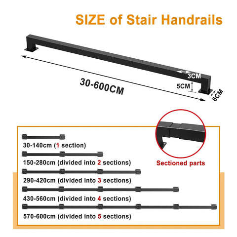 Size chart for Badass 6ft Black Wrought Iron Stair Railing Wall Mount Kit showing length options and section details.